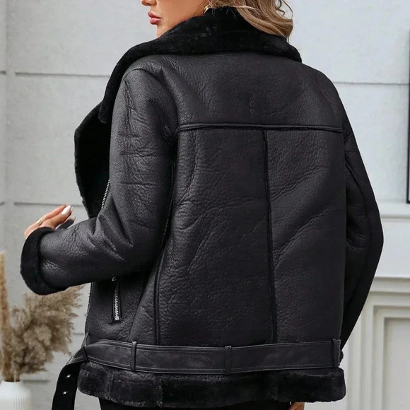 Black Casual Women's Faux Leather Winter Jacket - Picture 4 of 4